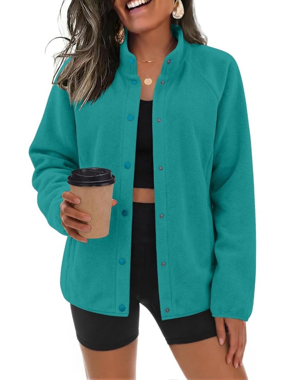 Women's Turquiso Fleece Jackets Fall Clothe Button Winter Coat with Pockets